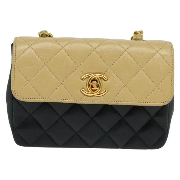 CHANEL Matelasse Chain Shoulder Bag Lamb Skin Beige Gold black CC Auth PP908 - Picture 2 of 16